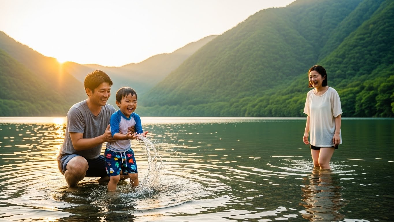 湖の遊び場にいる家族