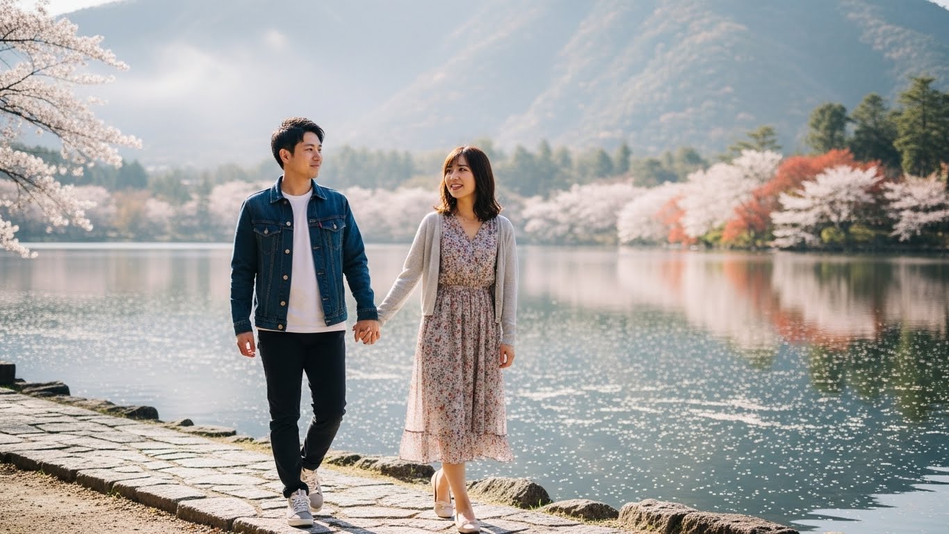 関西の日帰りデートで美しい景色を楽しむ日本人カップルのイメージ