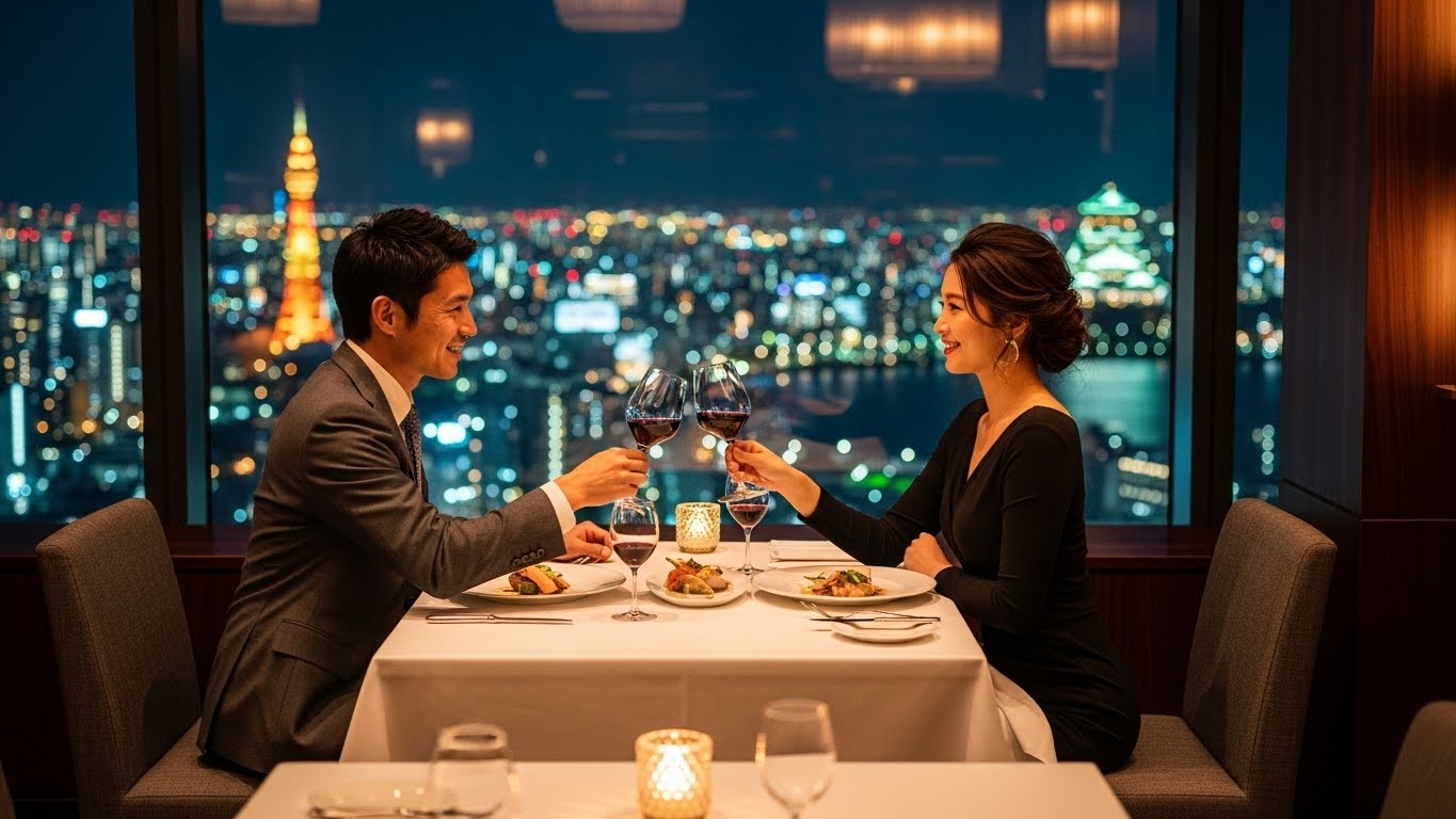 夜景を眺めながら贅沢なディナーを愉しむ関西の大人デートスポットでのひととき