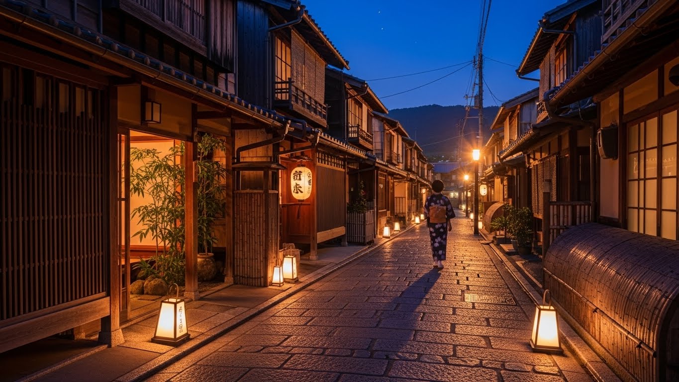 歴史を感じる情緒あふれる関西のレトロな町並みを歩く散策風景