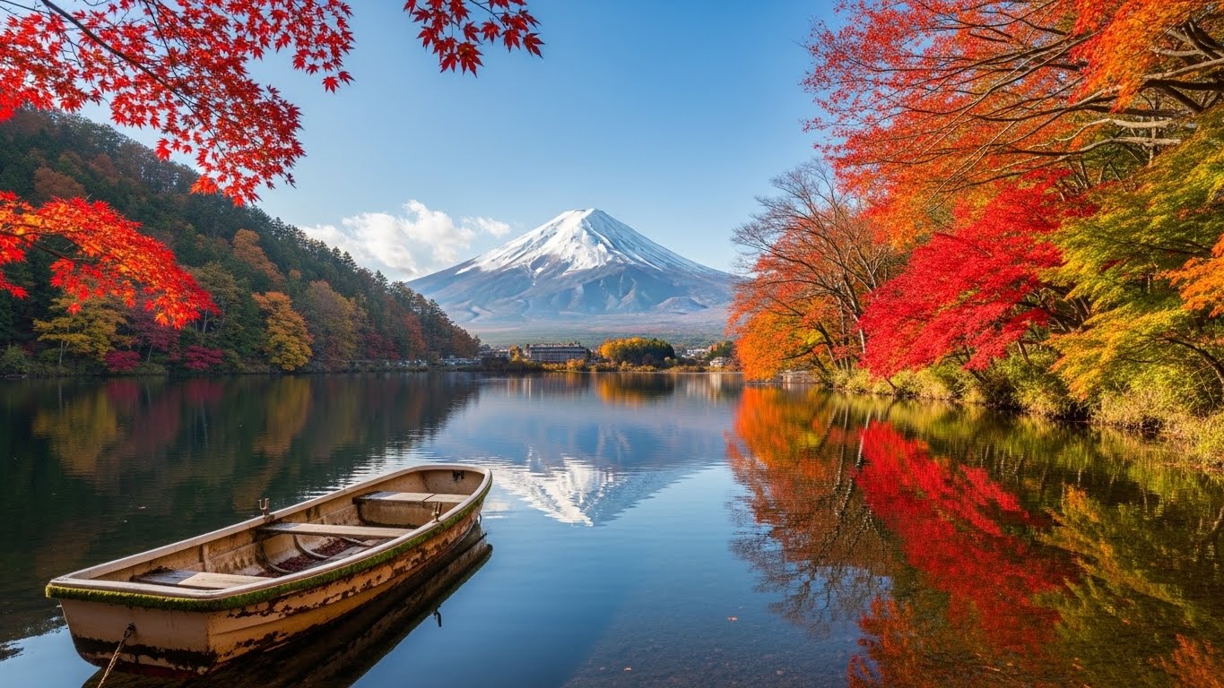富士山と紅葉の絶景が広がる日本の湖観光の象徴的な風景