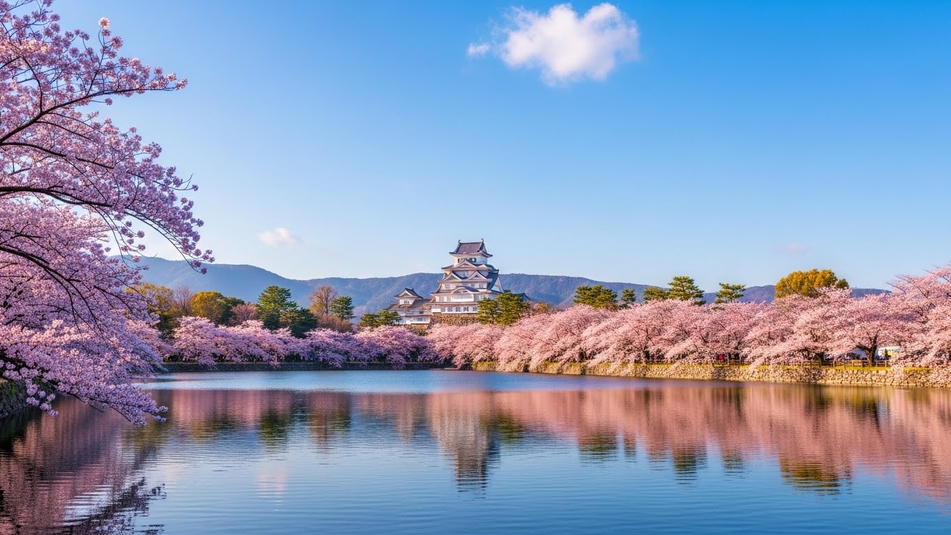 満開の桜並木と琵琶湖が織りなす滋賀の春の絶景スポットの風景
