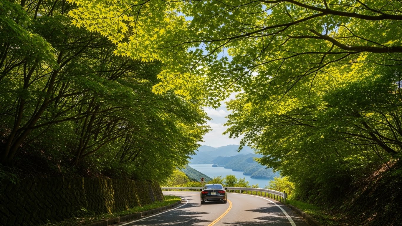 鮮やかな青もみじのトンネルを駆け抜ける関西の新緑ドライブのイメージ画像