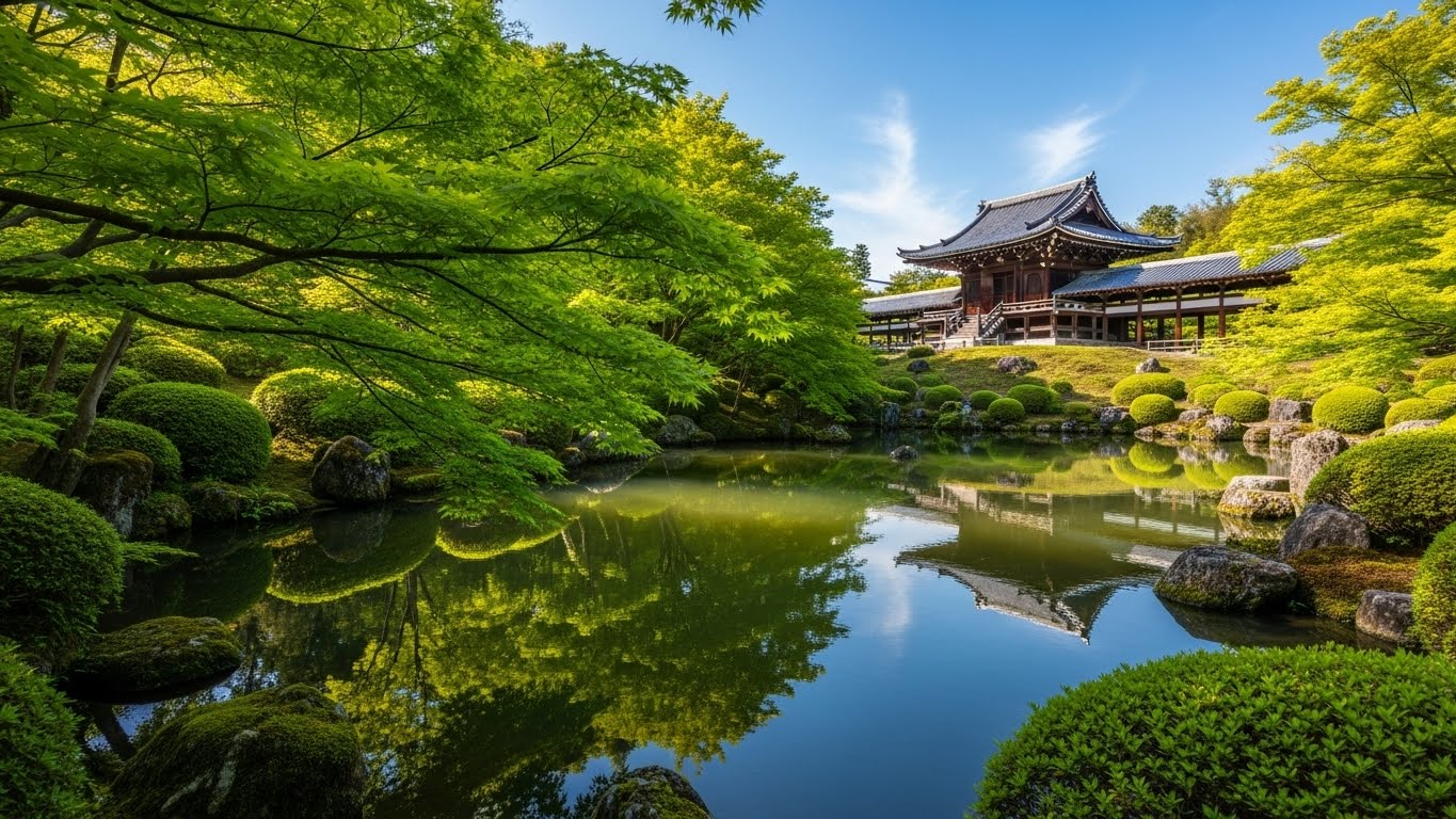 新緑が水面に映り込む情緒溢れる滋賀の5月観光の庭園風景