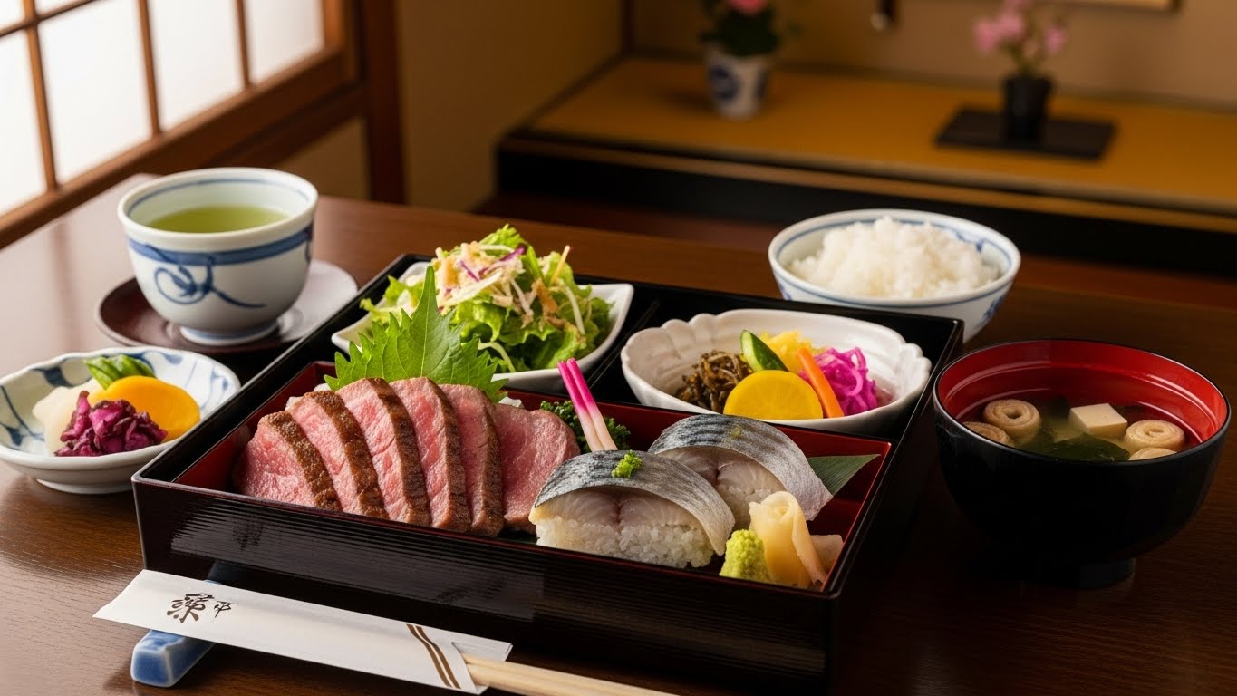 近江牛と伝統の鯖寿司が一度に味わえる米原の名物ランチの御膳