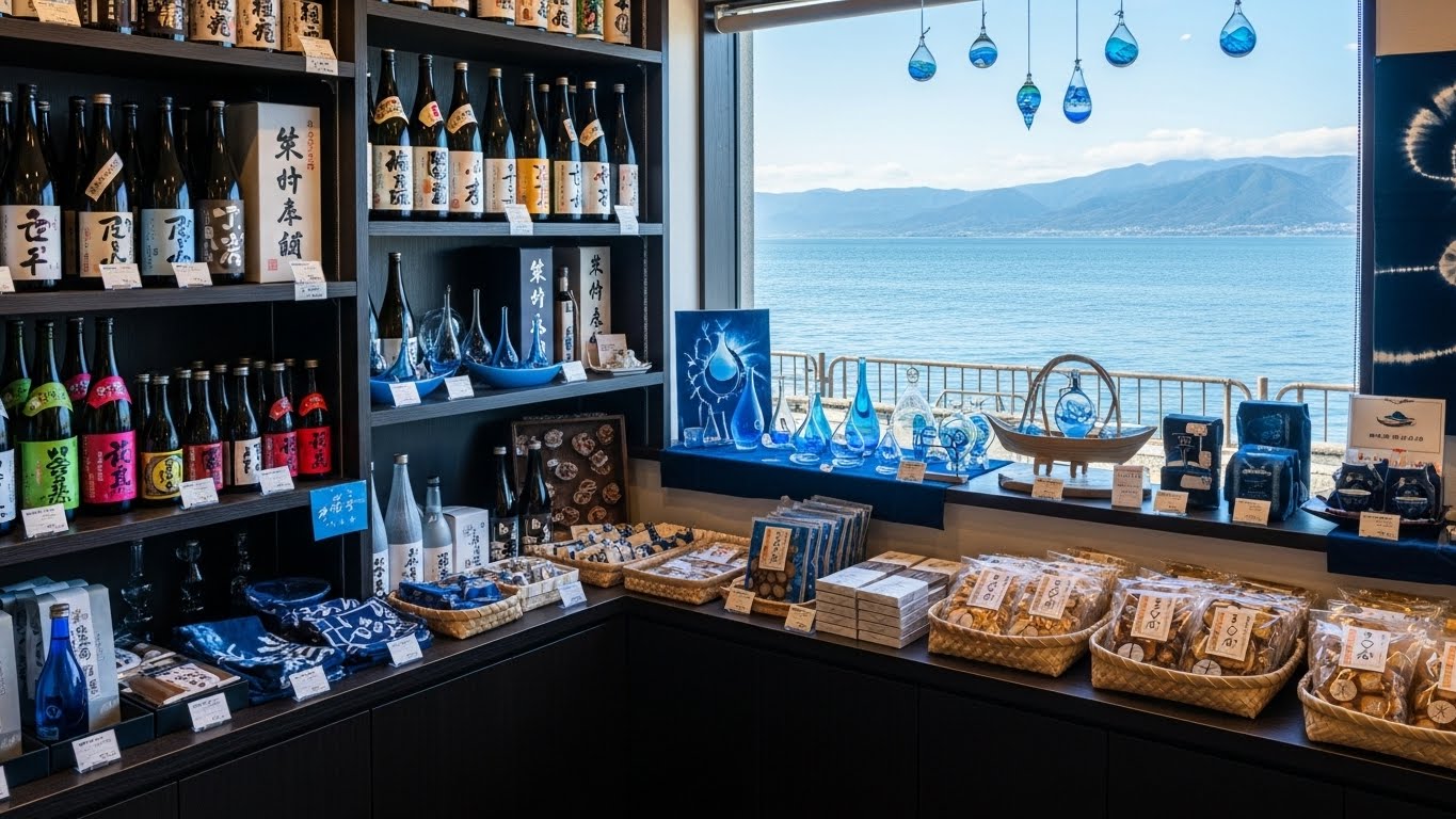 琵琶湖の恵みと地酒が豊富に揃う湖の駅浜大津のお土産売り場の様子