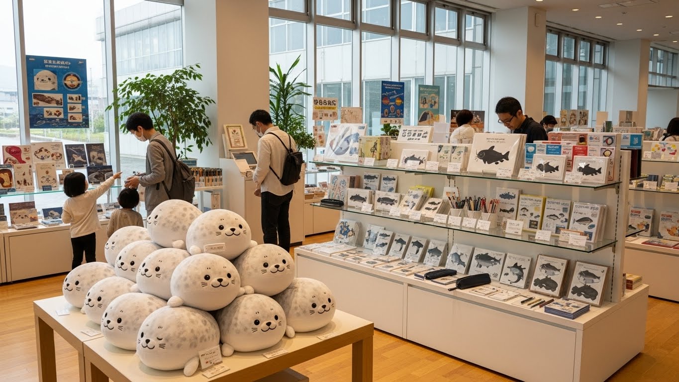 バイカルアザラシのぬいぐるみや限定グッズが並ぶびわ湖博物館のお土産コーナーのイメージ