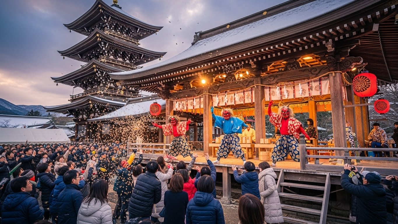 多賀大社や延暦寺など、活気あふれる滋賀の節分イベントの豆まき風景