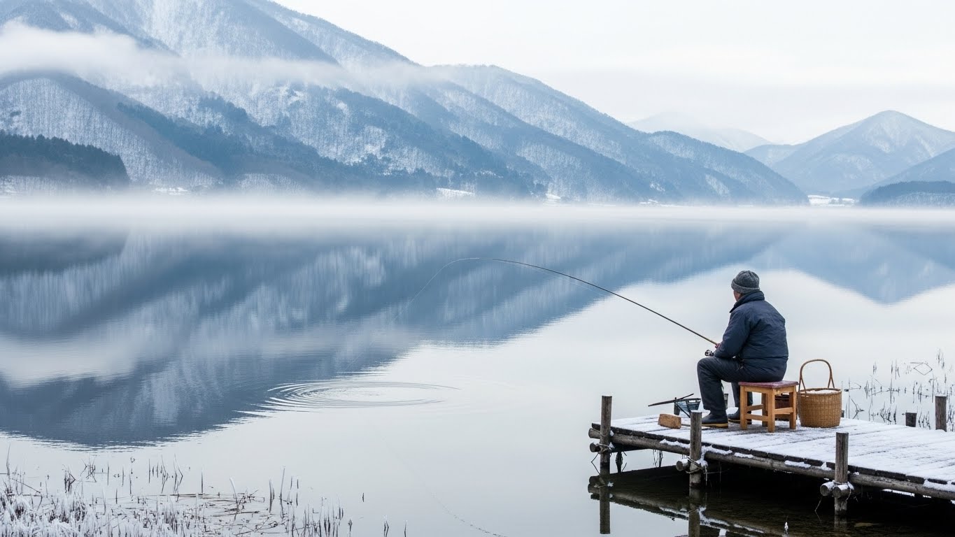 冬の静かな湖面で釣果を待つ、余呉湖でワカサギ釣れない時の対策を考える釣り人の様子