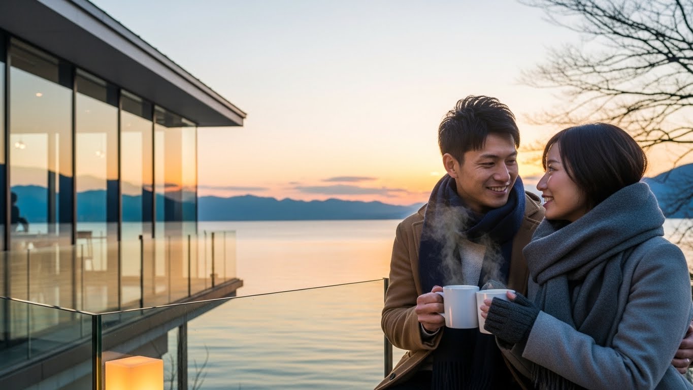 琵琶湖の夕景をバックにロマンチックな時間を過ごす滋賀のバレンタインデートのイメージ