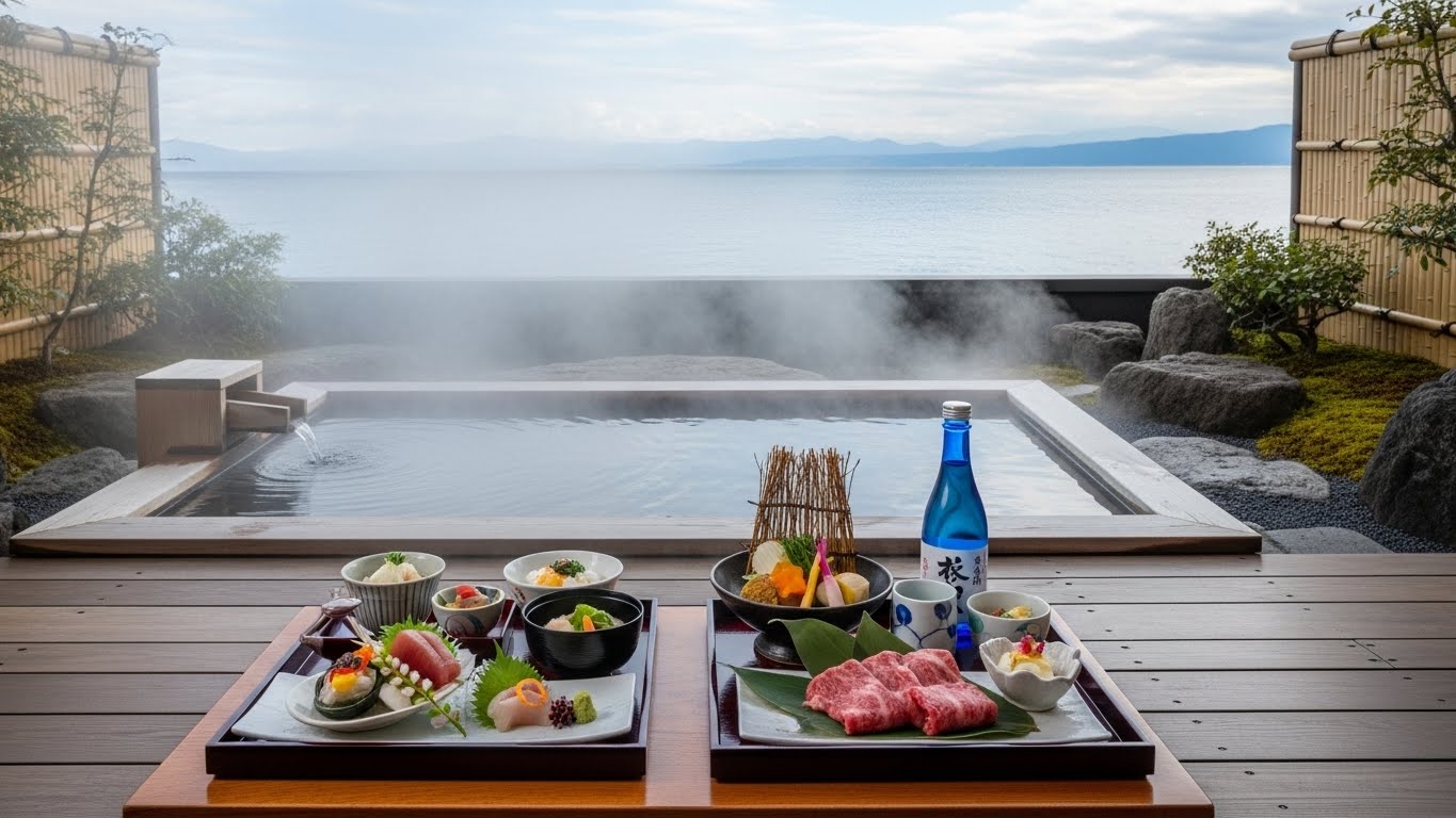 琵琶湖を一望できる露天風呂と豪華な食事を楽しめるおごと温泉の日帰りプランのイメージ