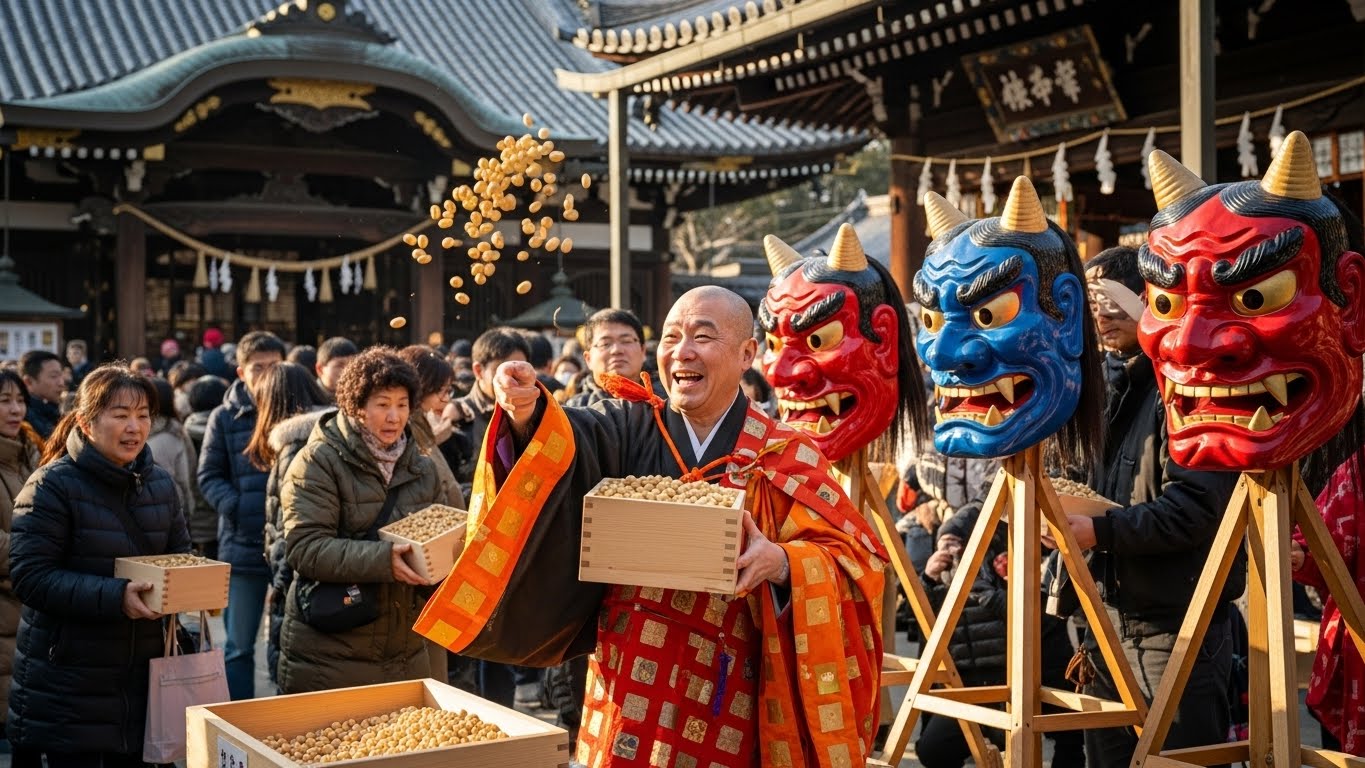 歴史ある境内で福豆をまく様子や鬼の面が印象的な滋賀の節分が有名な寺の風景