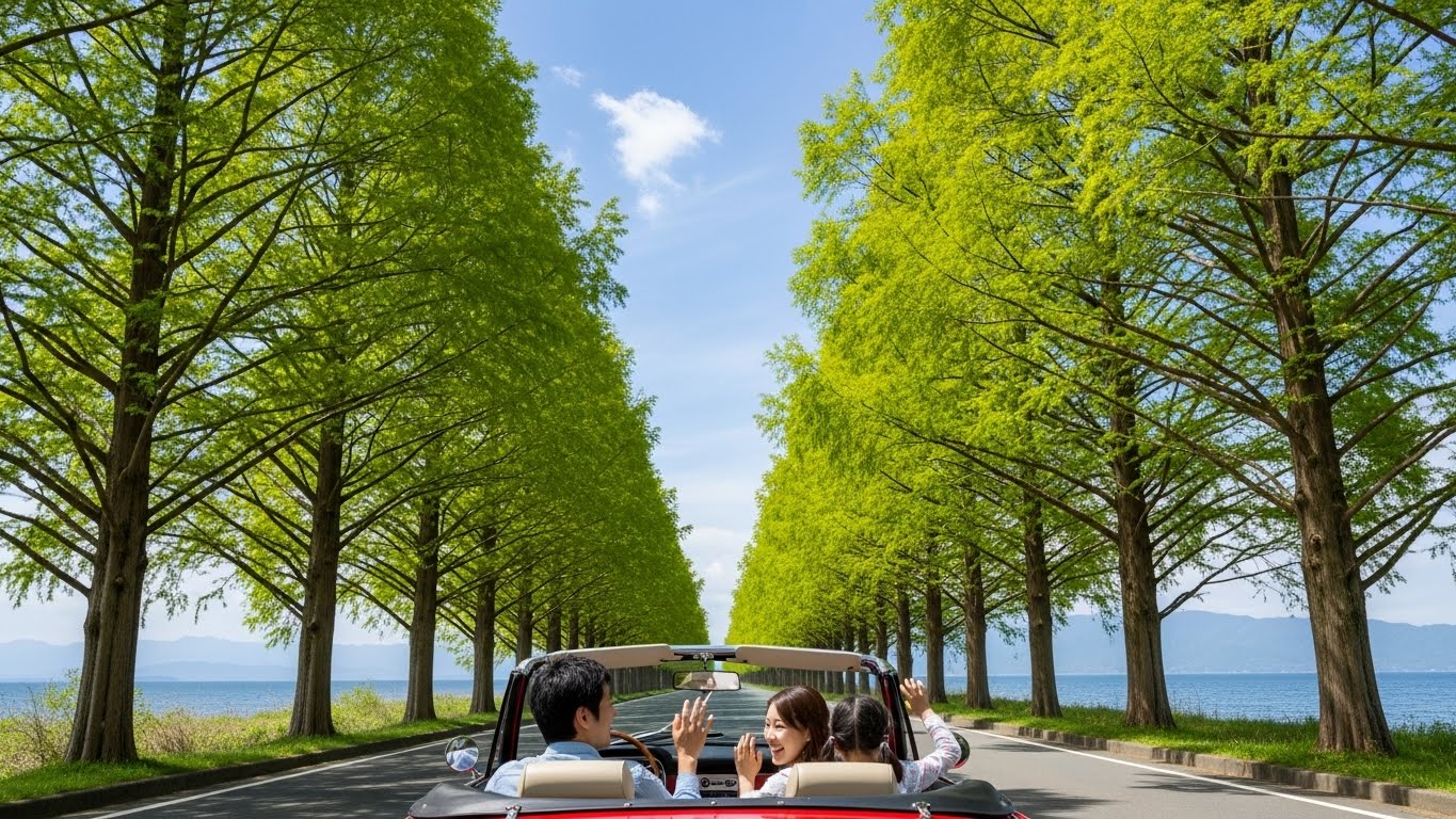 新緑が美しいメタセコイア並木をドライブして楽しむ滋賀のGW日帰り観光の様子