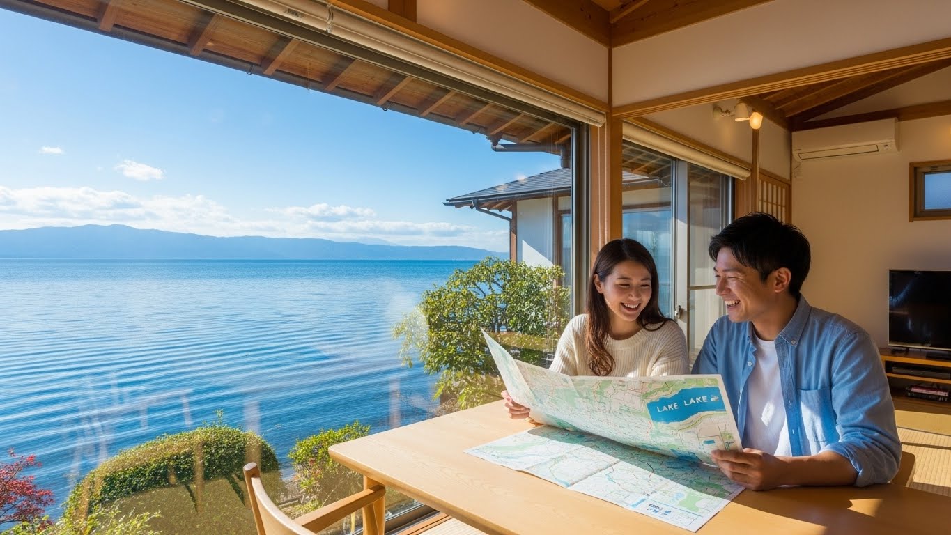 琵琶湖の見える明るいマイホームで移住計画を立てる**滋賀県は住まない方がいい？**と悩む人のためのイメージ