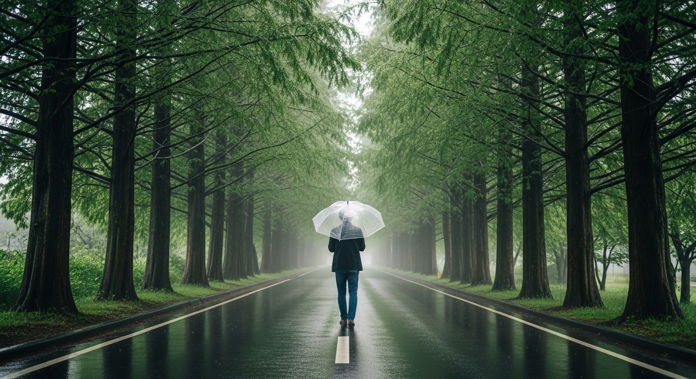 雨に濡れた新緑のメタセコイア並木を歩く、梅雨の滋賀観光の情緒あふれる風景