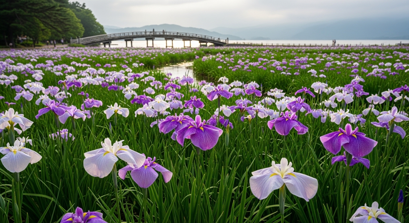 琵琶湖を望む園内に紫と白の花が咲き乱れる、滋賀の菖蒲スポットの美しい景観