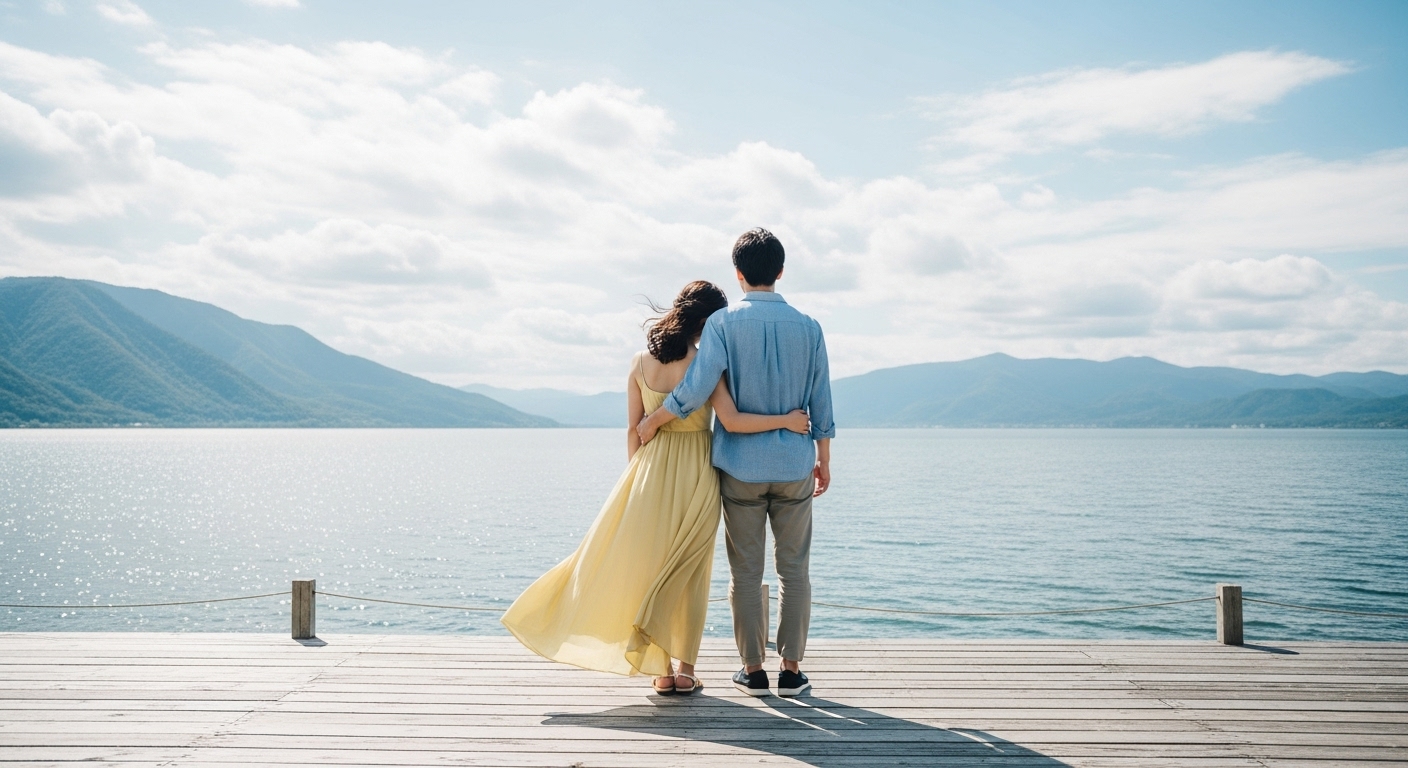 琵琶湖の絶景を眺めながら語り合う、爽やかな滋賀の初夏デートのひとコマ