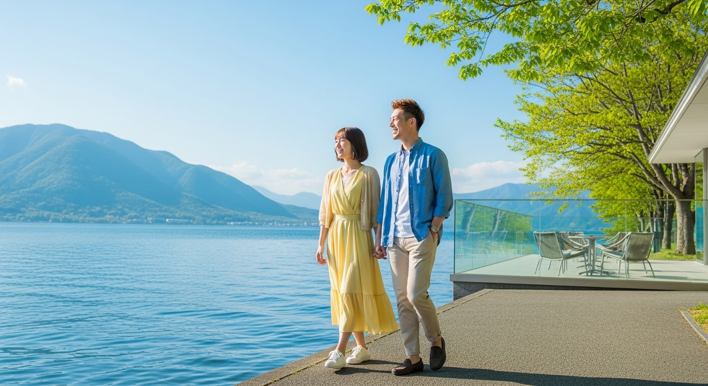 琵琶湖を背景に楽しそうに歩く、付き合う前の滋賀デートスポット巡りを楽しむカップルのイメージ画像