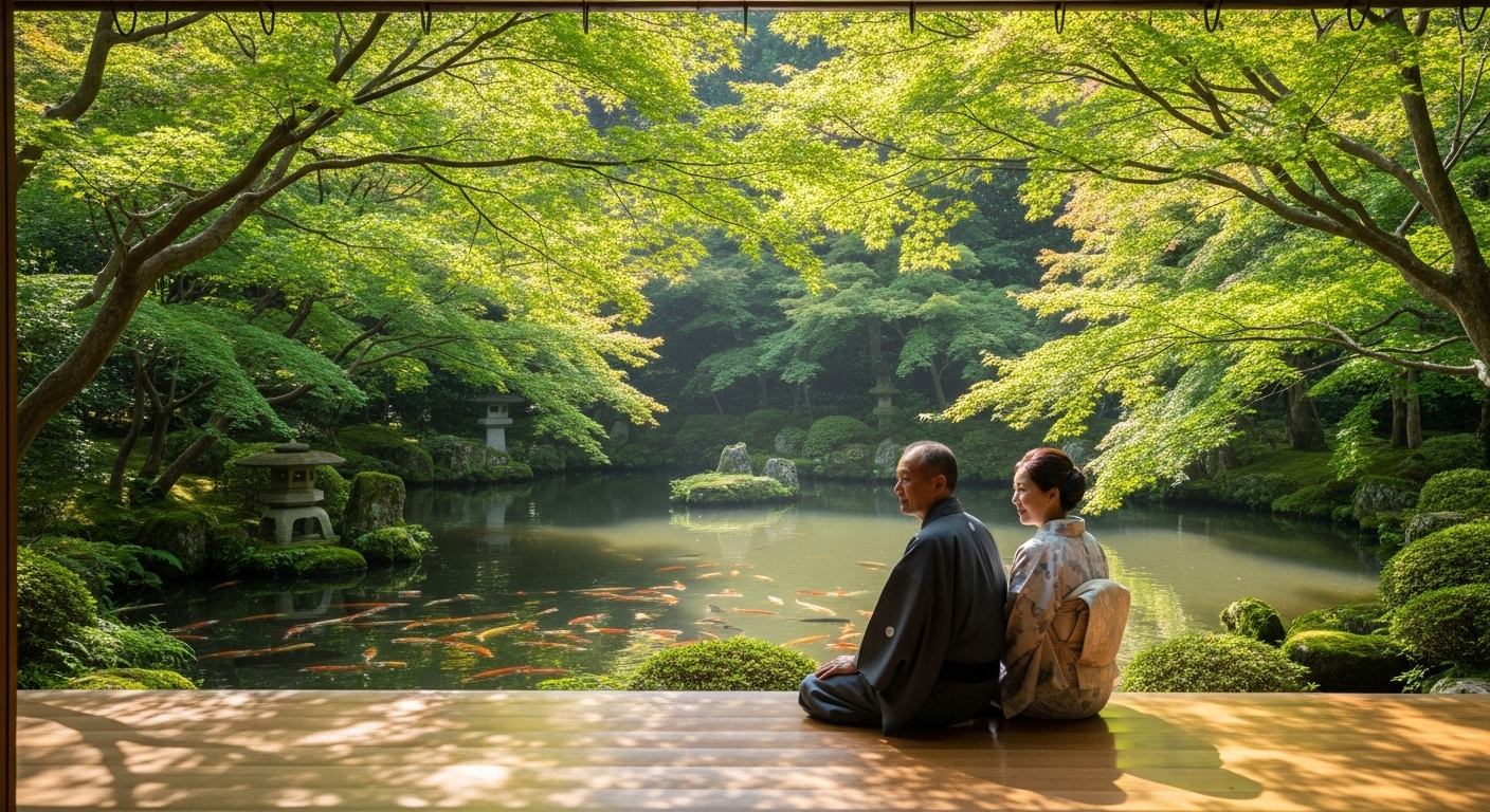 人混みを離れ、静かな庭園で寄り添うカップルの滋賀の人が少ないデートスポットイメージ画像