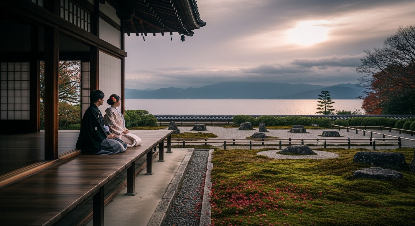 情緒あふれる寺院の縁側で静かに過ごす、滋賀のしっとりデートを楽しむ大人のカップル