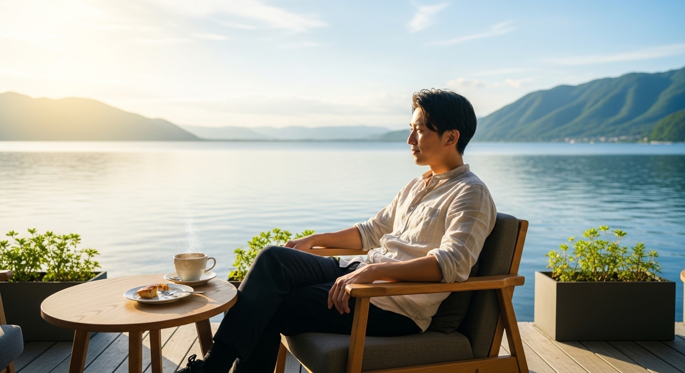 琵琶湖を眺めながらテラス席でコーヒーを楽しむ、滋賀でゆっくりできる場所での癒やしのひととき