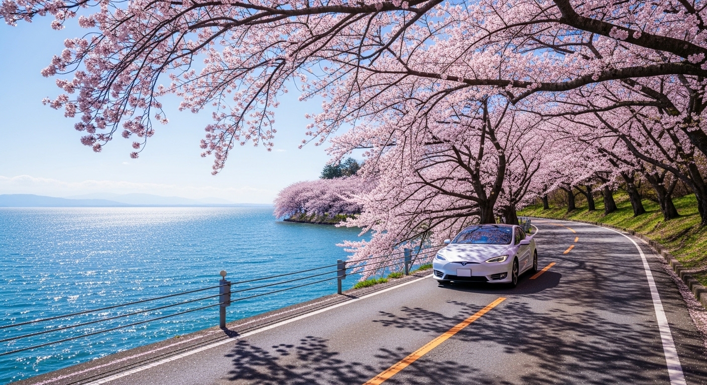 満開の桜並木が続く湖畔の道を走る、琵琶湖の桜ドライブのイメージ画像