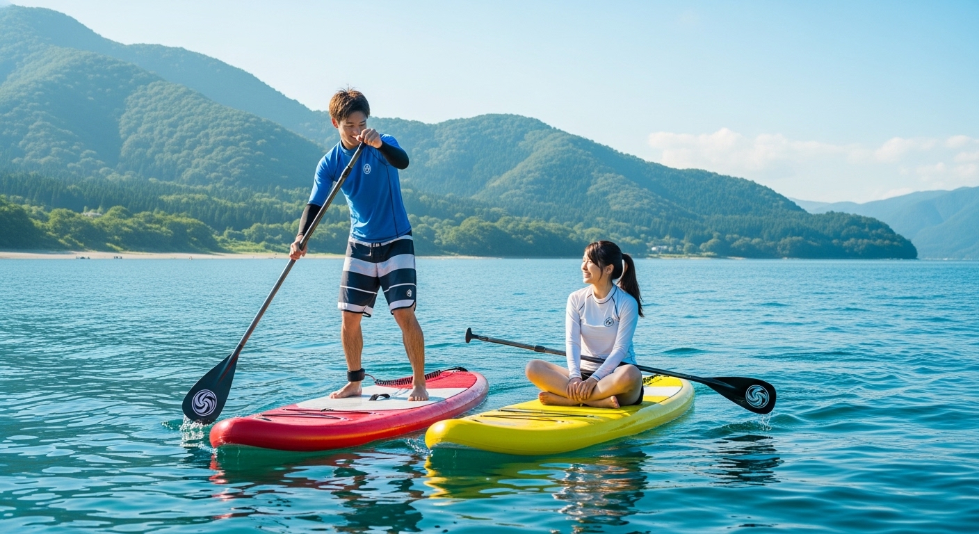 透き通るような湖面でSUPを楽しむ、琵琶湖のマリンスポーツのイメージ画像