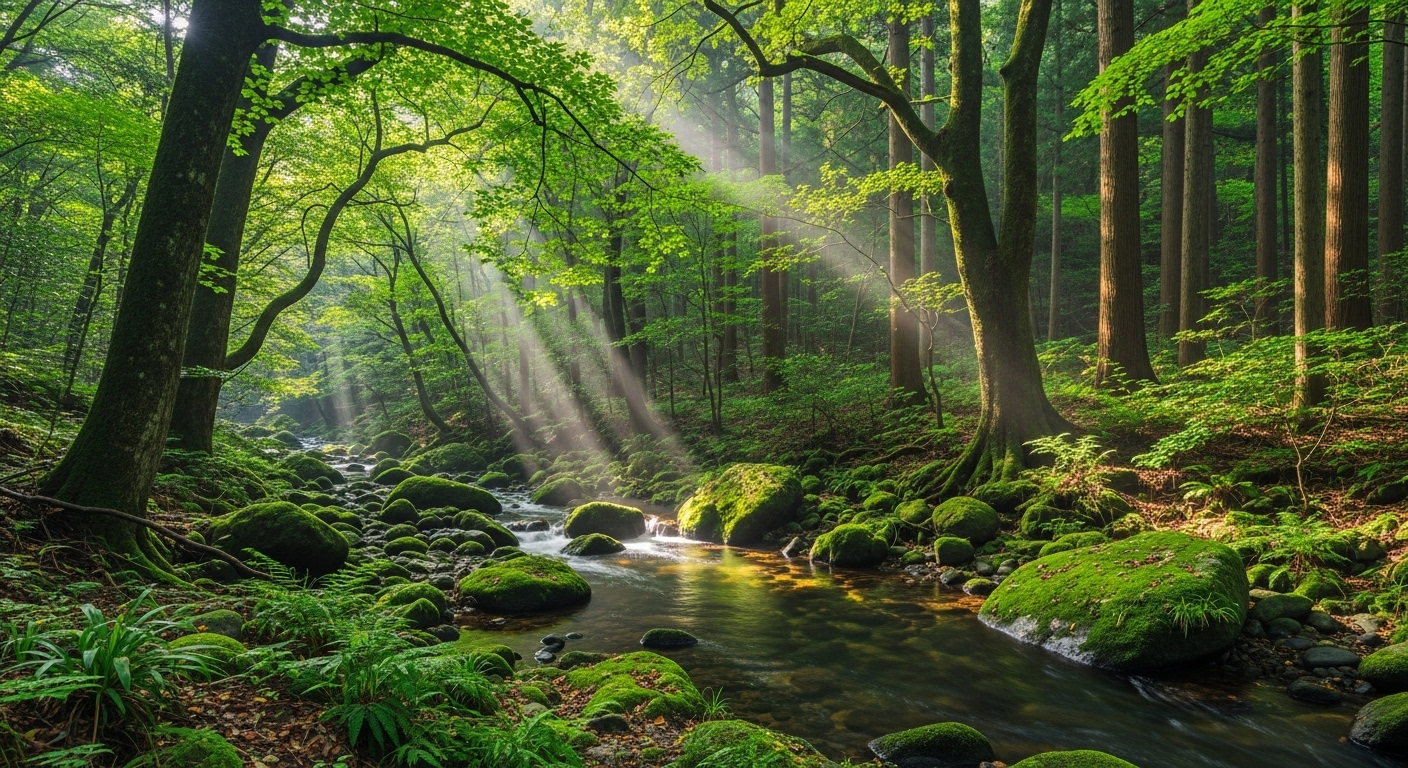 木漏れ日が差し込む涼やかな清流と苔むした岩が美しい、滋賀の避暑地のイメージ画像