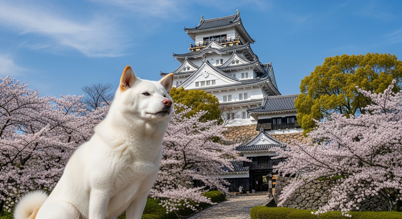 彦根城をバックにポーズをとる、滋賀県の犬連れ観光のイメージ画像