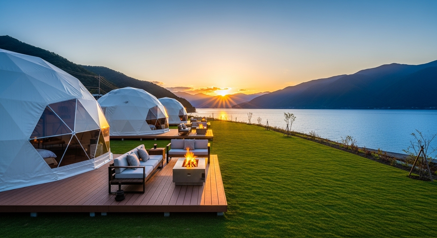 琵琶湖のほとりに並ぶ豪華なドームテントと焚き火が魅力の滋賀でグランピングを楽しむイメージ画像