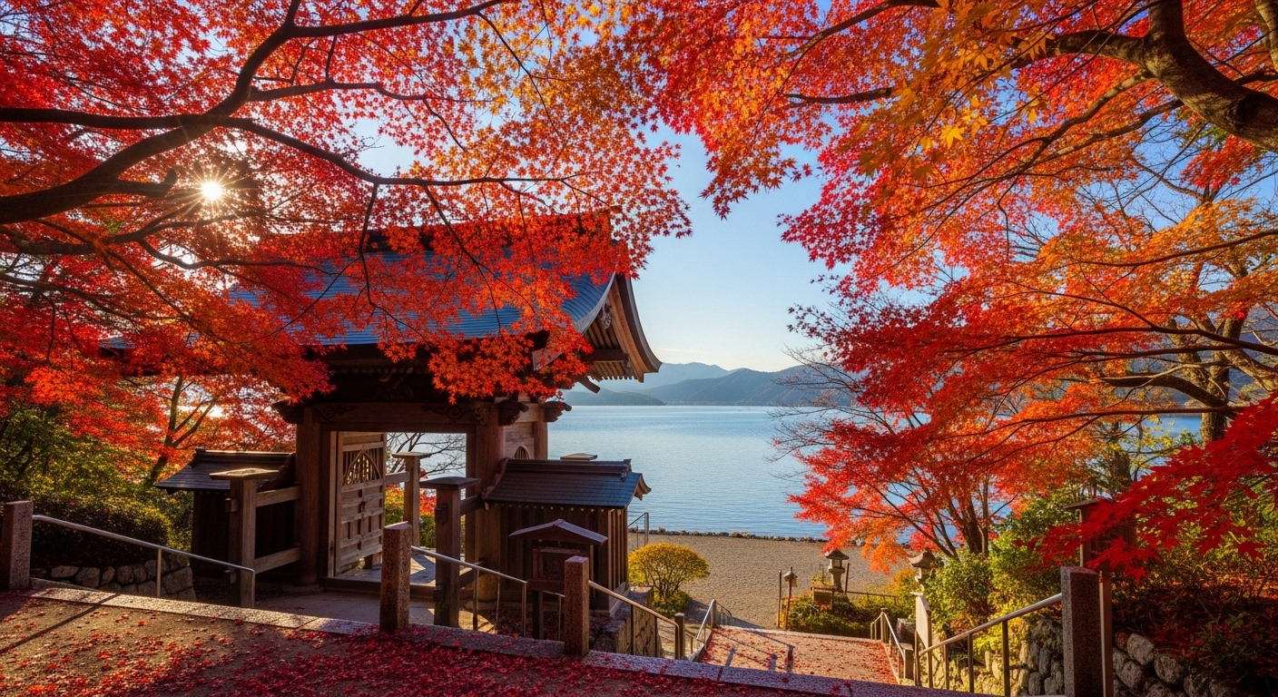 歴史ある寺院の門を彩る鮮やかな紅葉が美しい秋の滋賀観光の風景