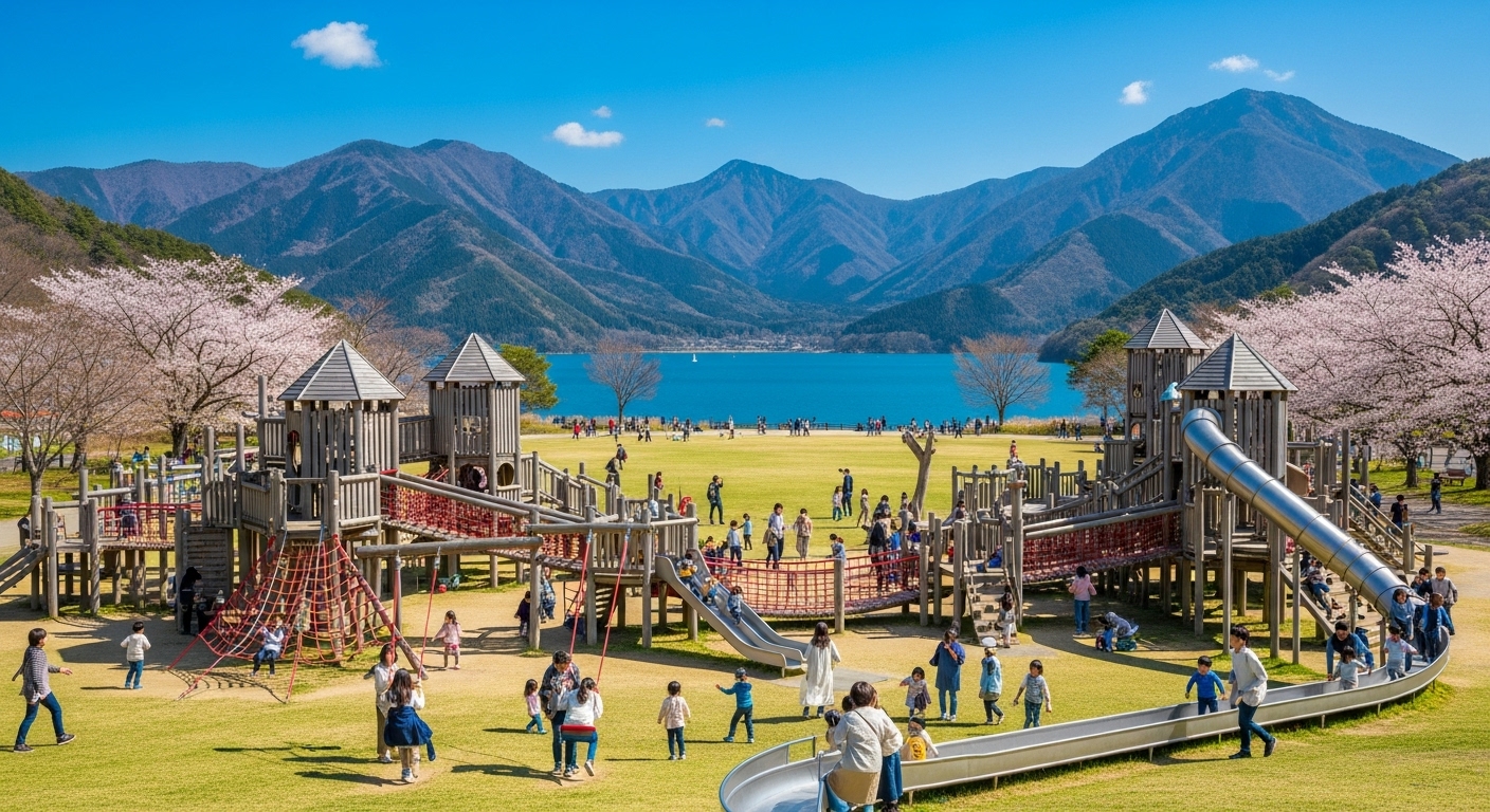 琵琶湖を望む広い公園で遊ぶ家族連れと滋賀の連休お出かけスポットのイメージ