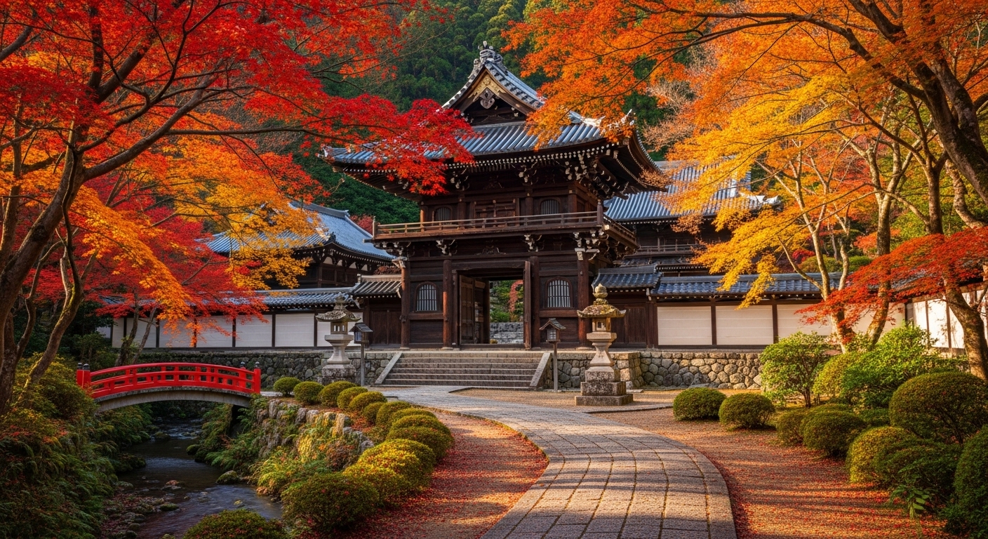 色鮮やかに染まった滋賀の名所と**滋賀の紅葉の見頃はいつ？**を解説するイメージ