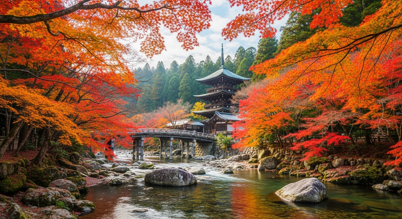愛知川の清流と鮮やかな朱色に染まる永源寺の紅葉の絶景