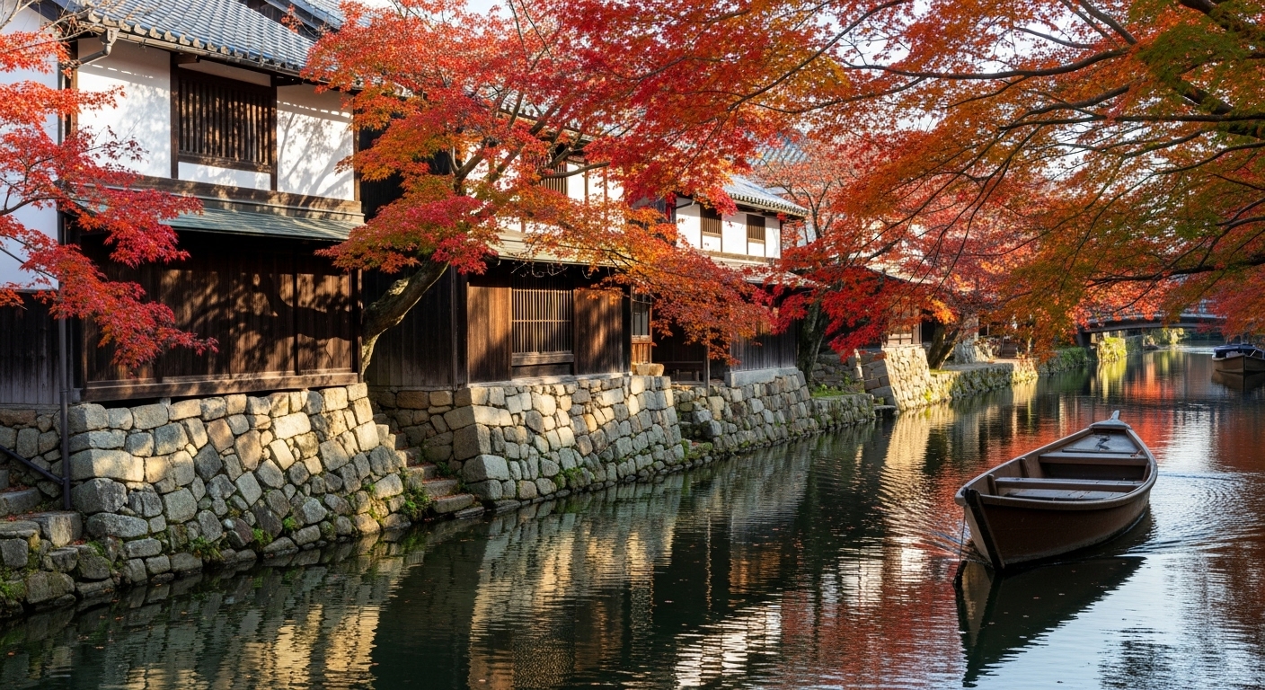 八幡堀の水辺と白壁の街並みを彩る近江八幡の紅葉スポットの情景