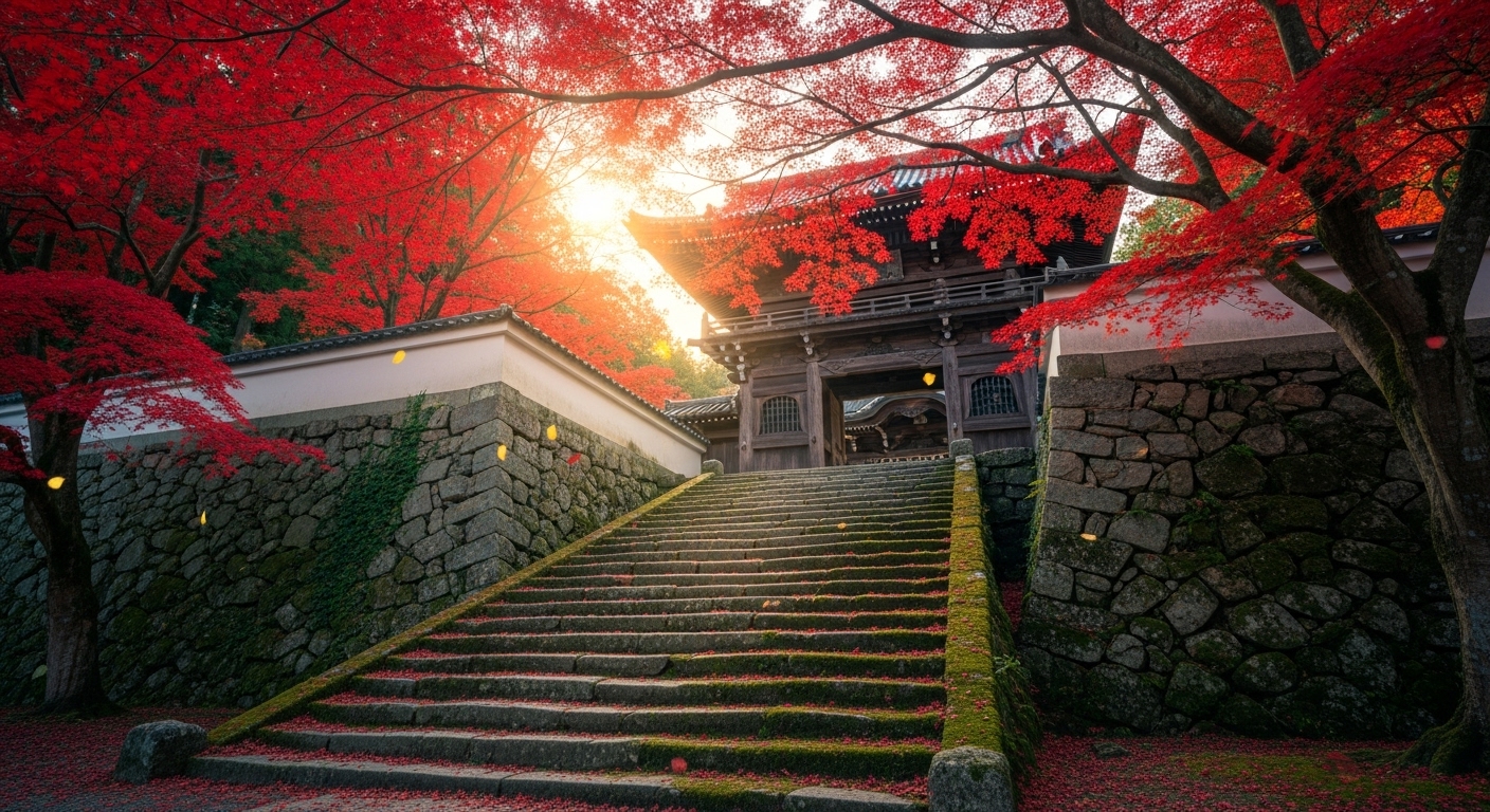 石垣と鮮やかな赤色が織りなす「地上の天国」百済寺の紅葉の絶景