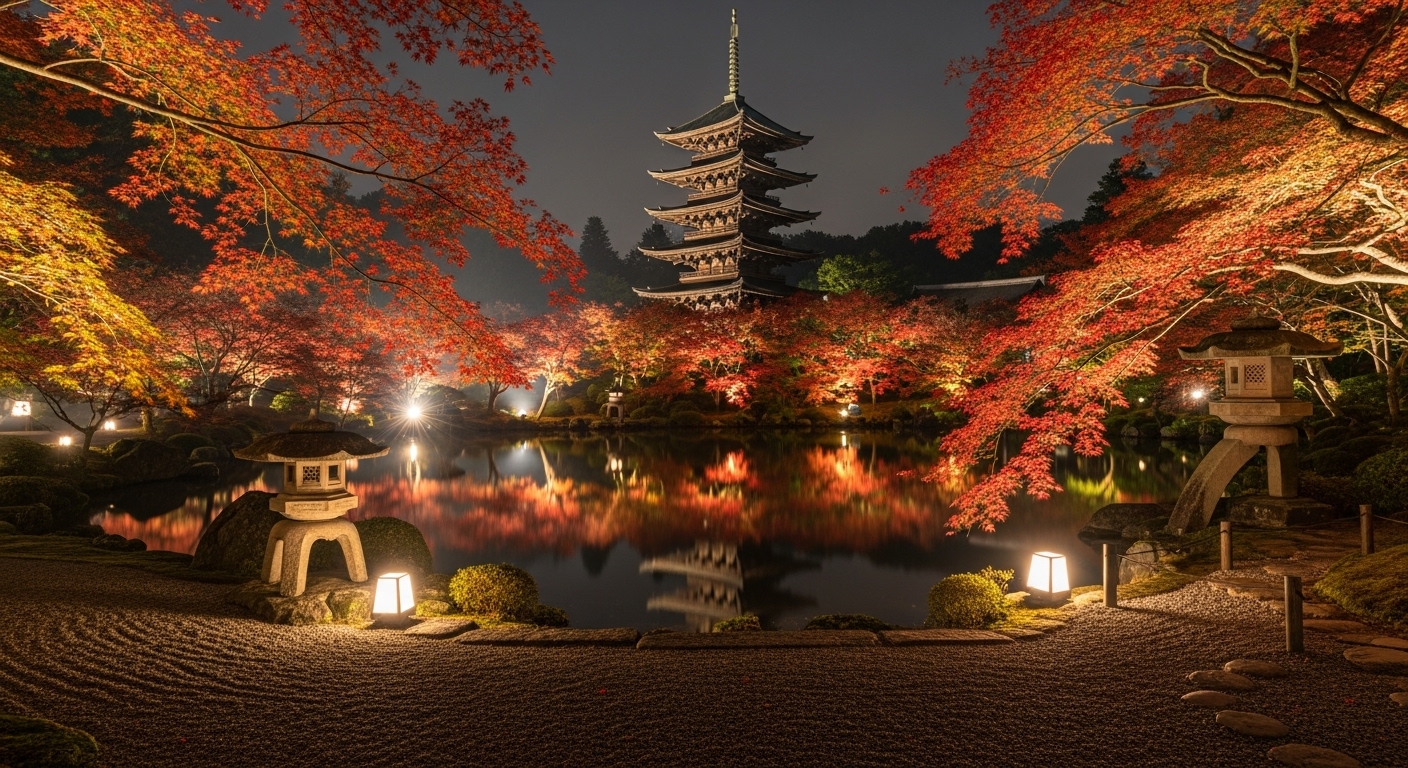 水面に映る幻想的なリフレクションが美しい滋賀の紅葉ライトアップの夜景