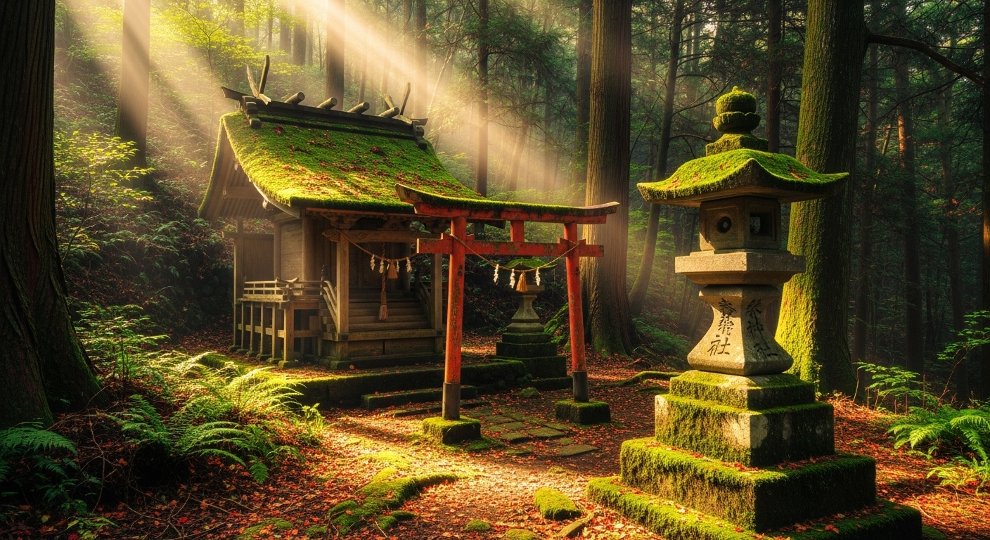 神秘的な光が差し込む静寂の森に佇む滋賀の穴場パワースポットのイメージ