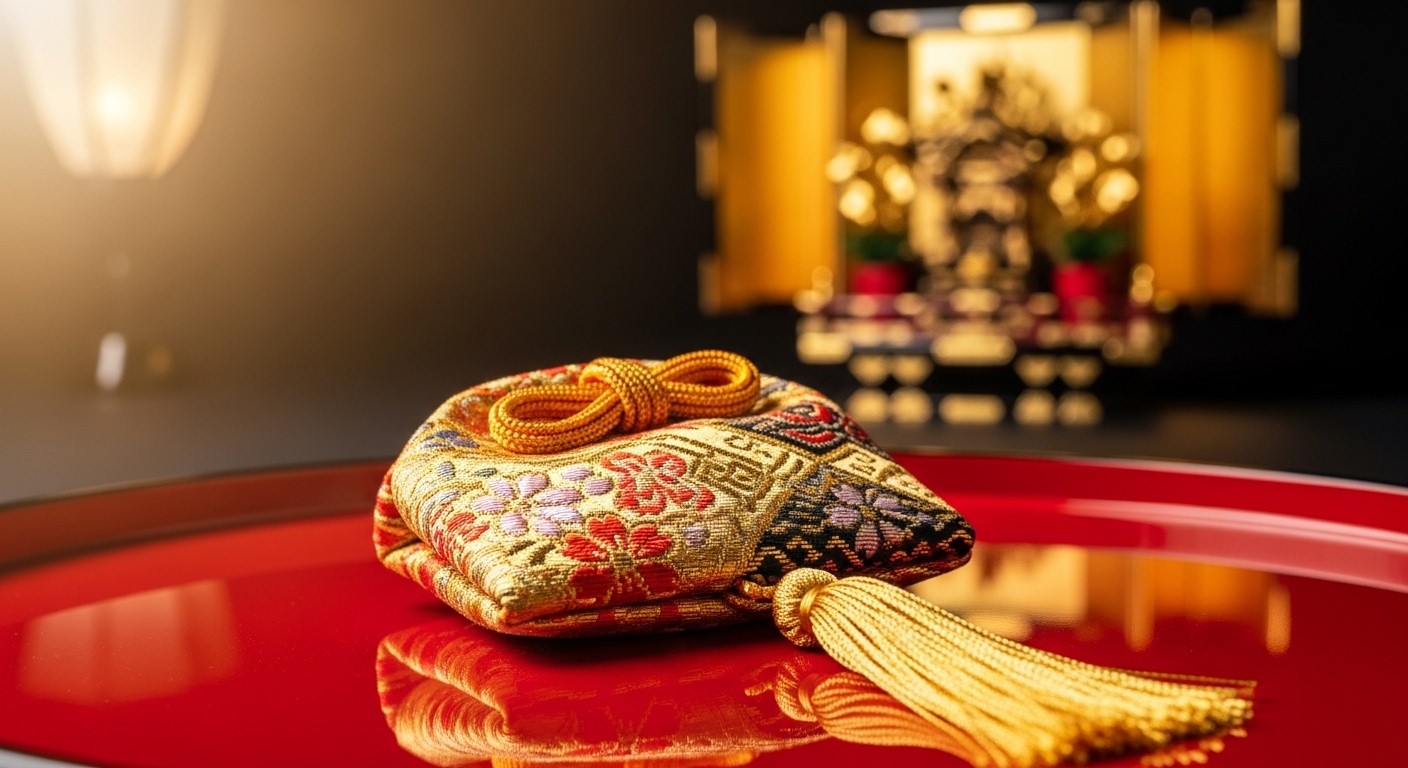 富と繁栄の象徴である黄金の守り袋を授かる滋賀の金運パワースポットのイメージ