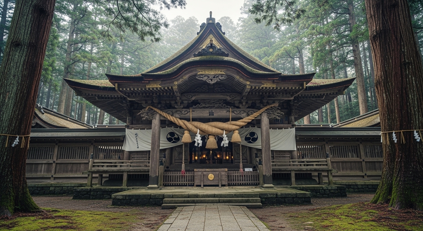 悠久の歴史と格式を感じさせる国宝本殿を有する滋賀の歴史ある神社の情景