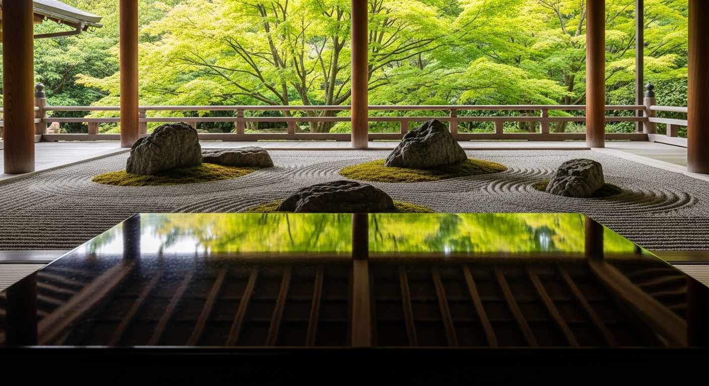 黒塗りの机に庭園の緑が美しく映り込む旧竹林院の観光リフレクション写真のイメージ