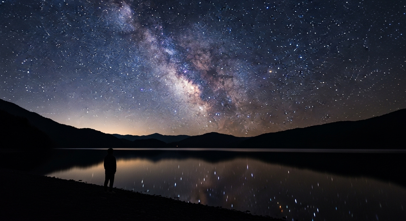 琵琶湖の湖畔から見上げる満天の星空と天の川が美しい滋賀で星空観測のイメージ