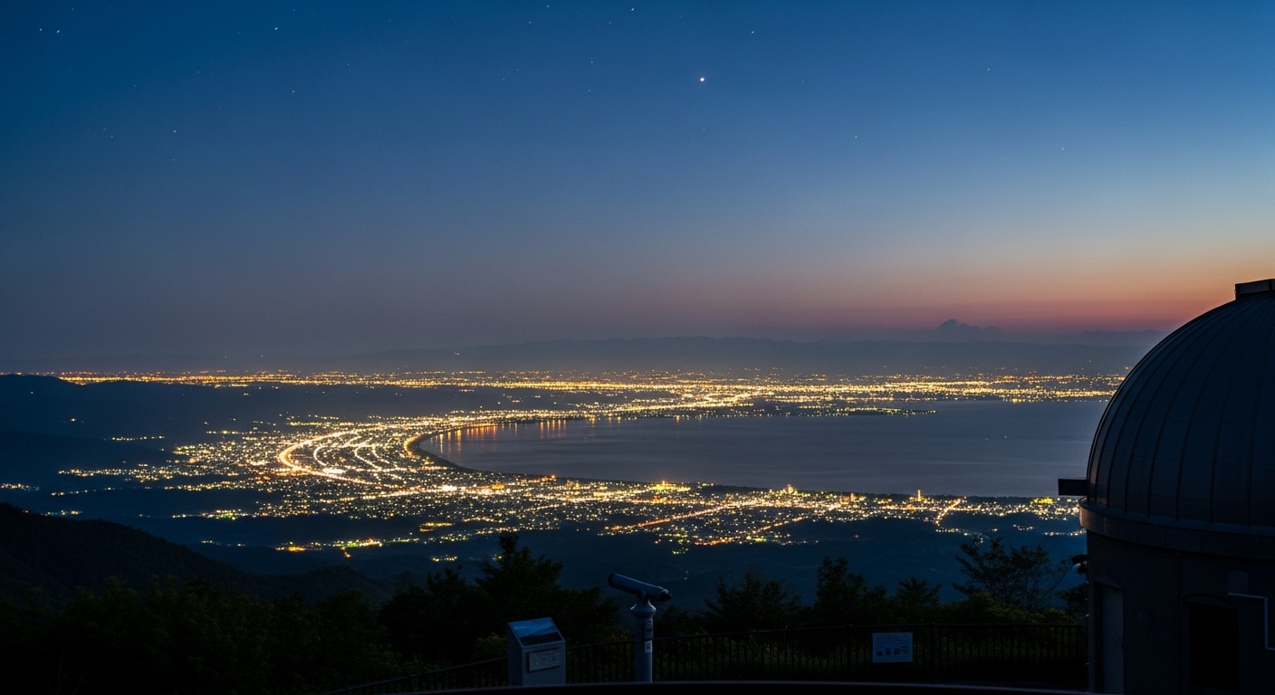 琵琶湖の湾曲したシルエットと街の灯りがキラキラと輝く滋賀の夜景スポットの絶景