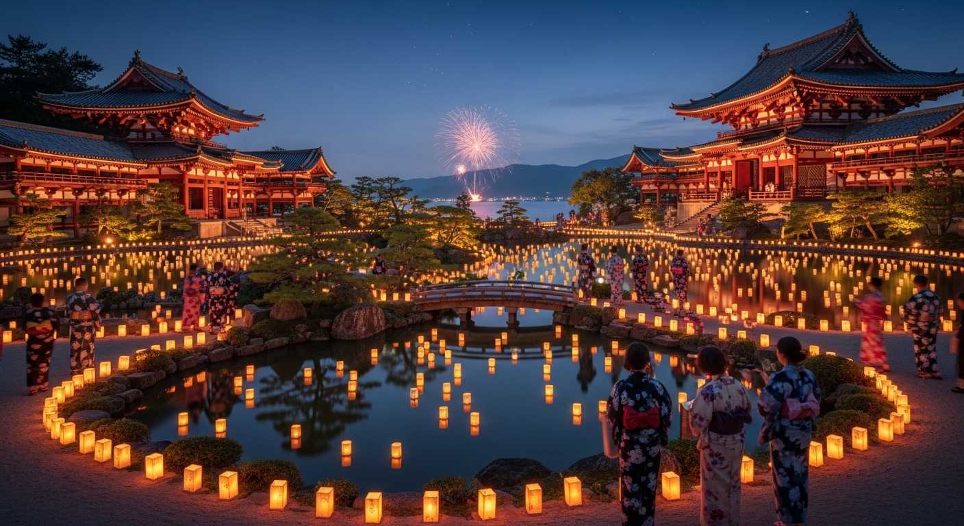 無数の灯籠が寺院を彩り、夏の風情あふれる夏の夜の滋賀観光の幻想的な光景