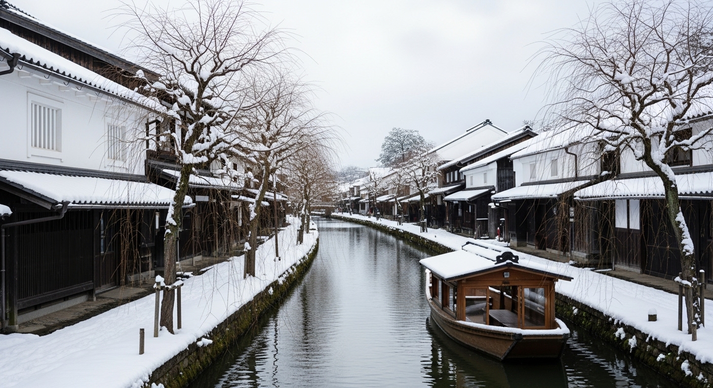 雪化粧をした白壁の蔵と静まりかえった水面が美しい八幡堀の冬景色