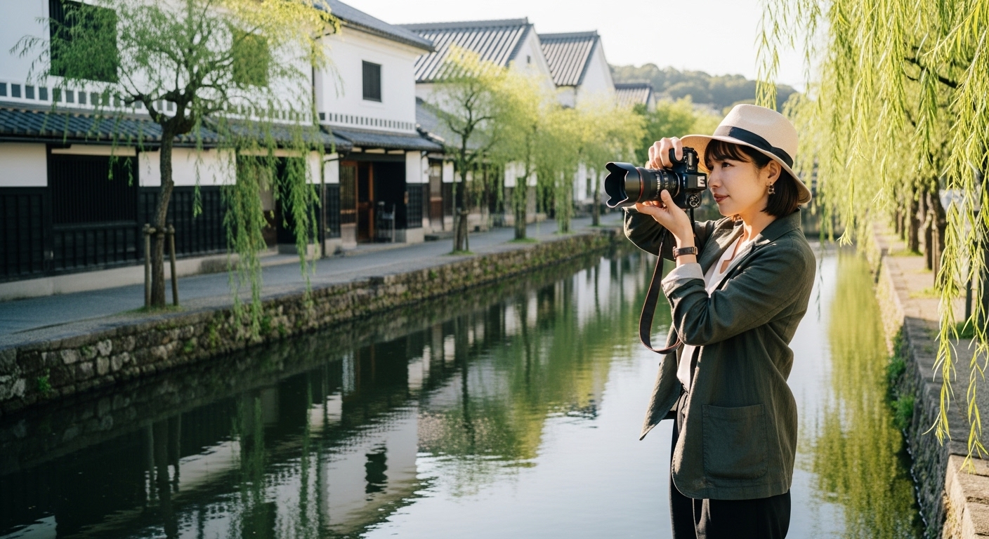 カメラを手に近江八幡の写真スポットを巡り、歴史ある街並みを撮影する女性の風景
