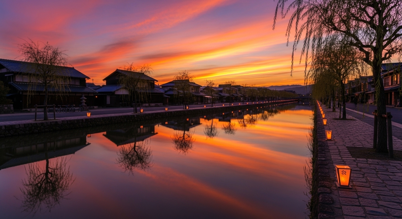 夕日に染まる空と白壁の蔵が水面に美しく映り込む八幡堀の夕暮れの幻想的な絶景