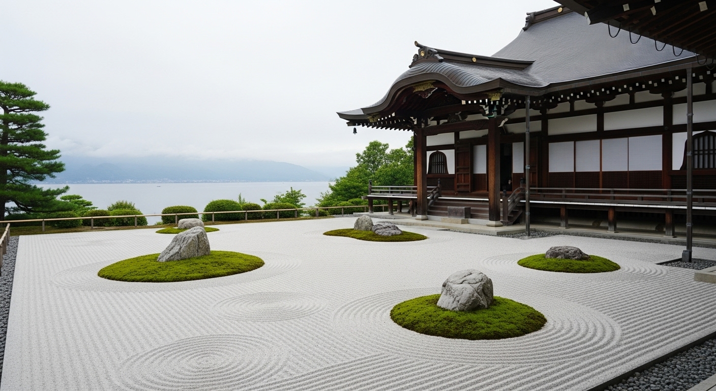 琵琶湖を望む静寂に包まれた寺院の庭園。滋賀の静かな観光地で過ごす癒やしの時間。