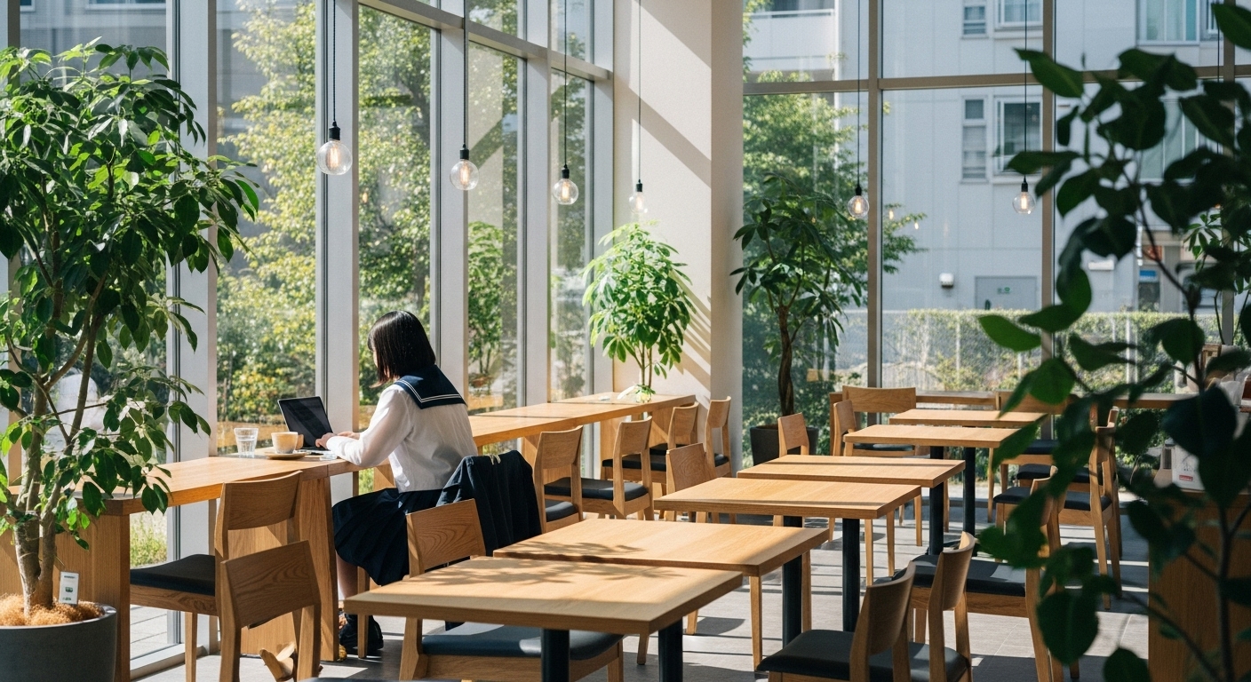 明るい光が差し込む南草津のカフェでおしゃれなラテと読書を楽しむ風景
