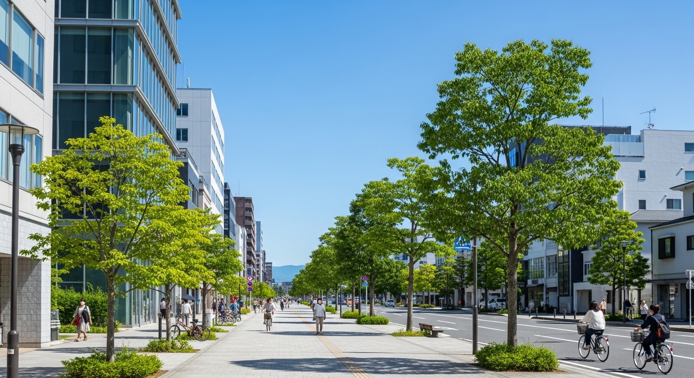 近代的な街並みと自然が調和する滋賀県南草津観光の爽やかな風景